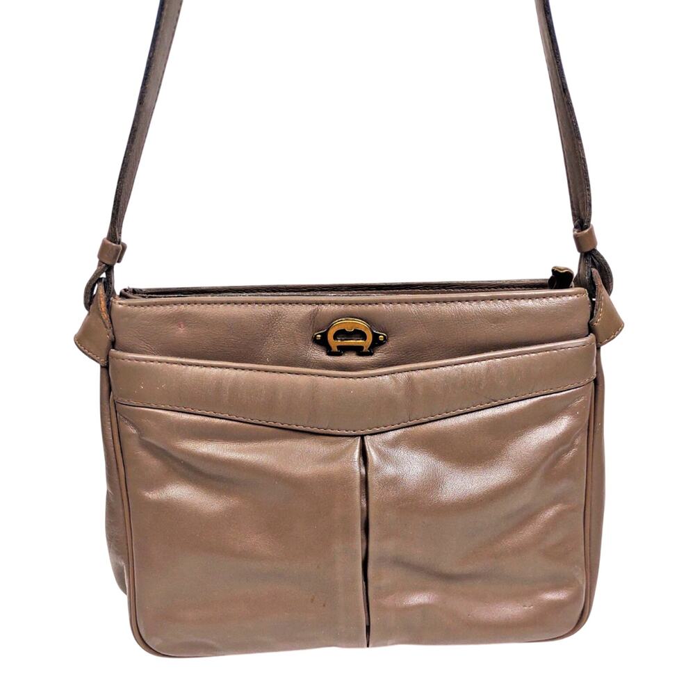 Vintage Etienne Aigner Taupe Brown Leather Shoulder Crossbody Bag Gold Hardware